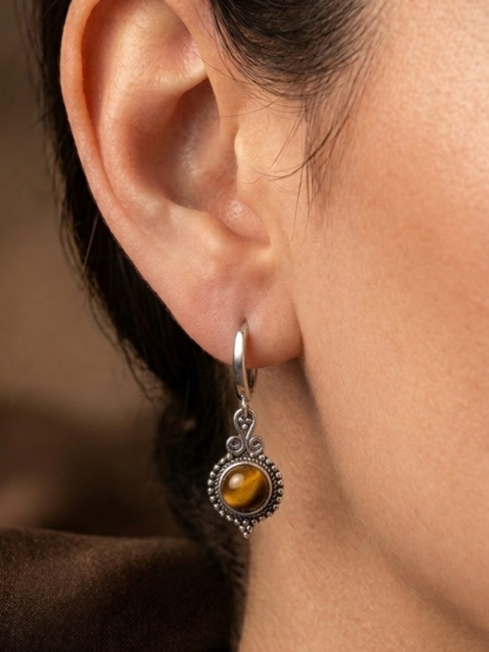 Sterling Silver Tiger's Eye Drop Earrings - Brown